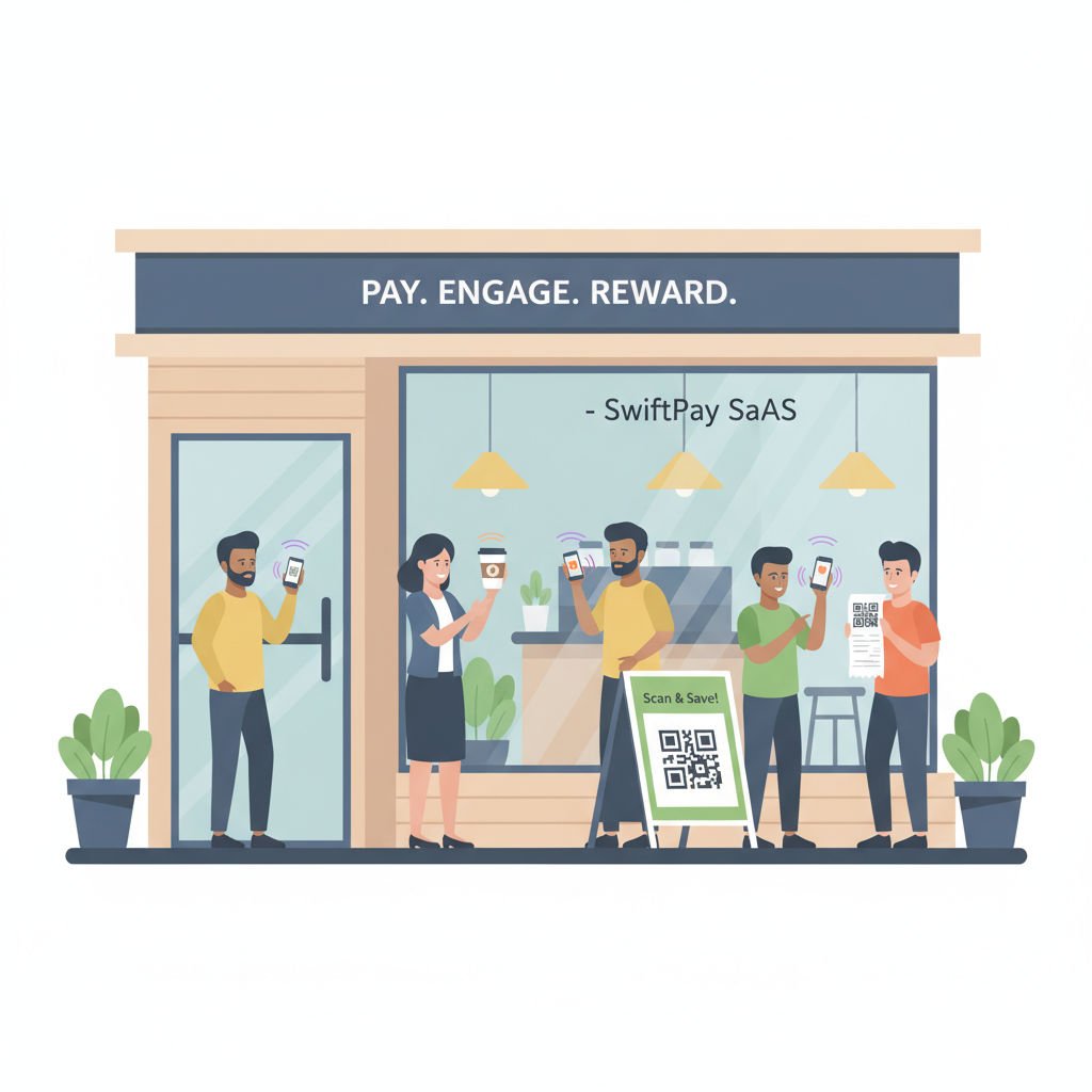 Customers at a small business scan QR codes on cups and posters using smartphones, illustrating interactive local marketing.