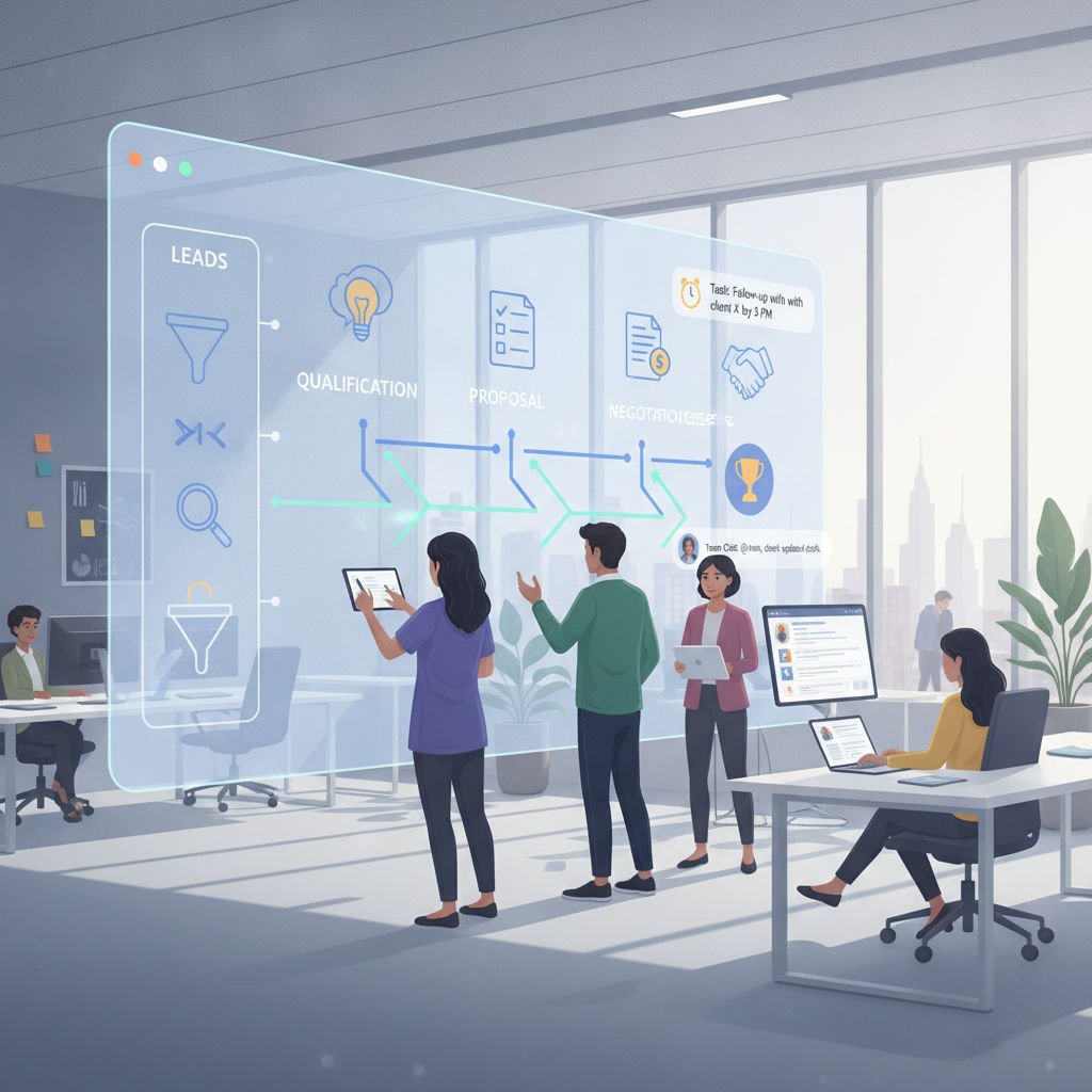 Illustration of a sales team collaborating around a digital sales pipeline dashboard, highlighting workflow and task management.