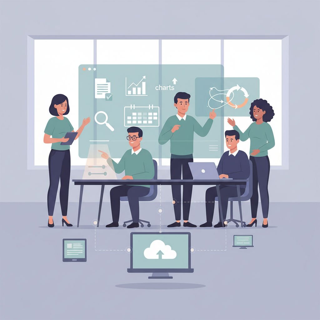 A small business marketing team collaboratively managing digital assets with screens showing files, charts, and workflow connections.