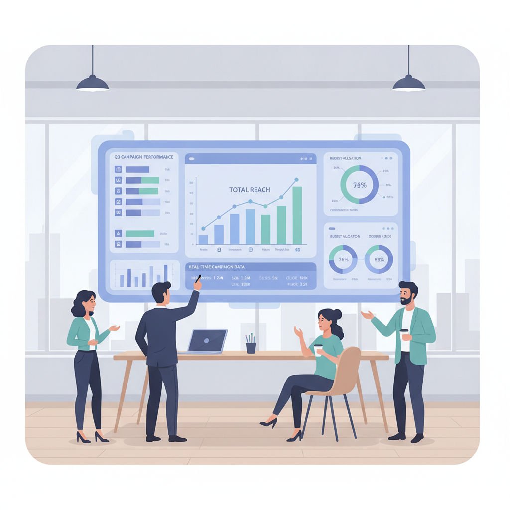 Business team reviewing a centralized marketing dashboard displaying campaign performance graphs and data visualizations in a professional setting.