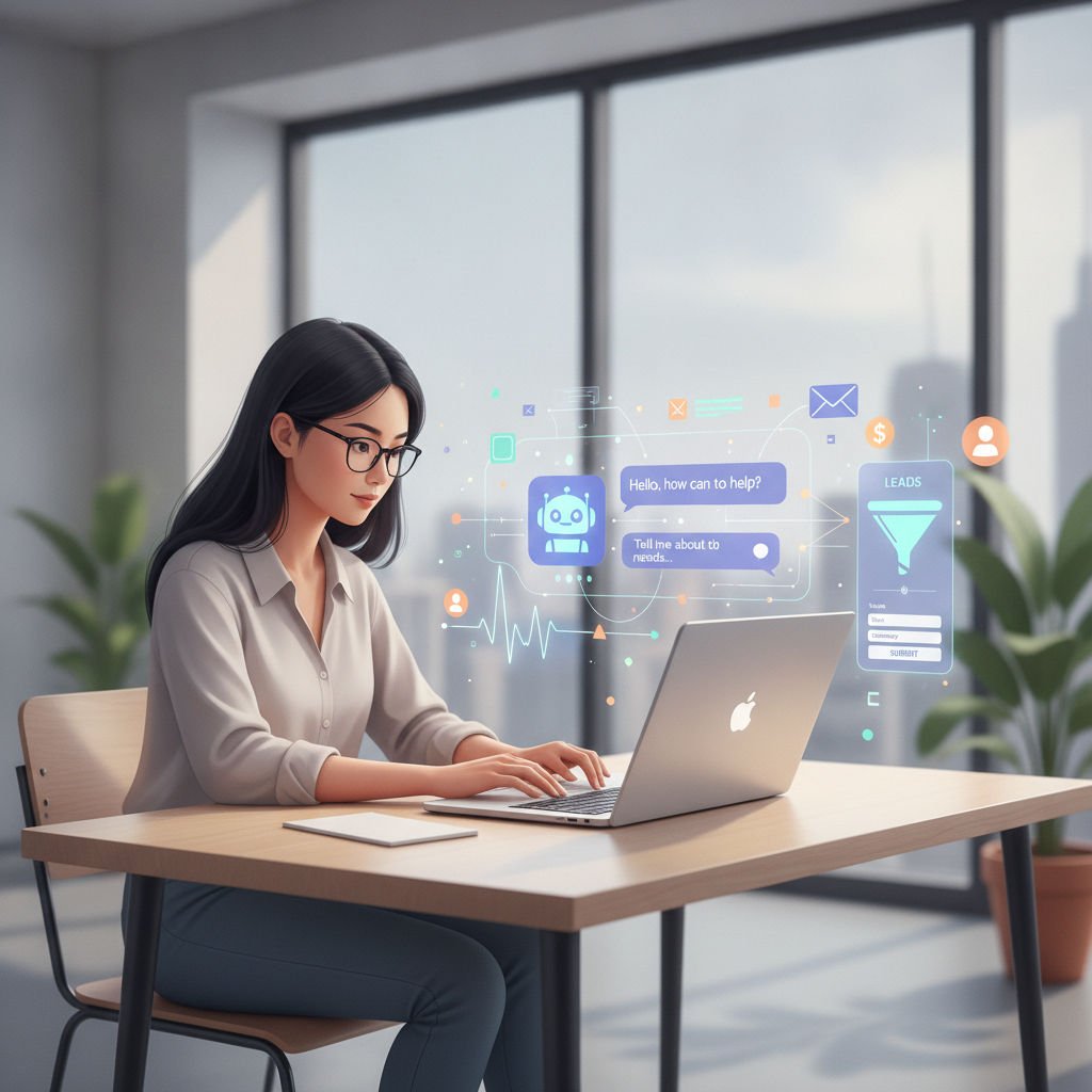 Illustration of a solo entrepreneur engaging with an AI chatbot on a laptop, representing automated lead generation workflow.