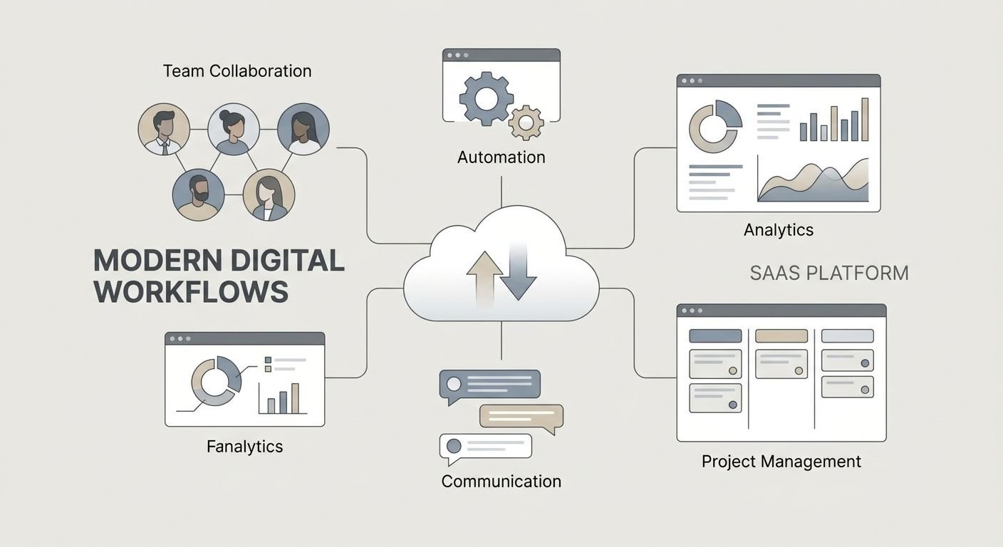 Illustration eines modernen digitalen Workflows mit Fokus auf Vertriebsprozesse und Zusammenarbeit in einem Team.
