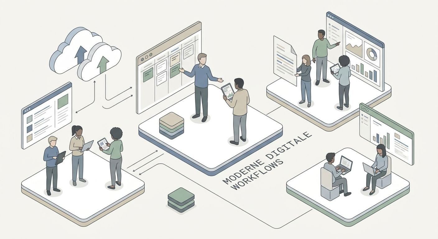 Illustration zeigt ein modernes Geschäft mit Kunden, die QR-Codes nutzen, symbolisiert lokale Zusammenarbeit und digitalen Workflow.